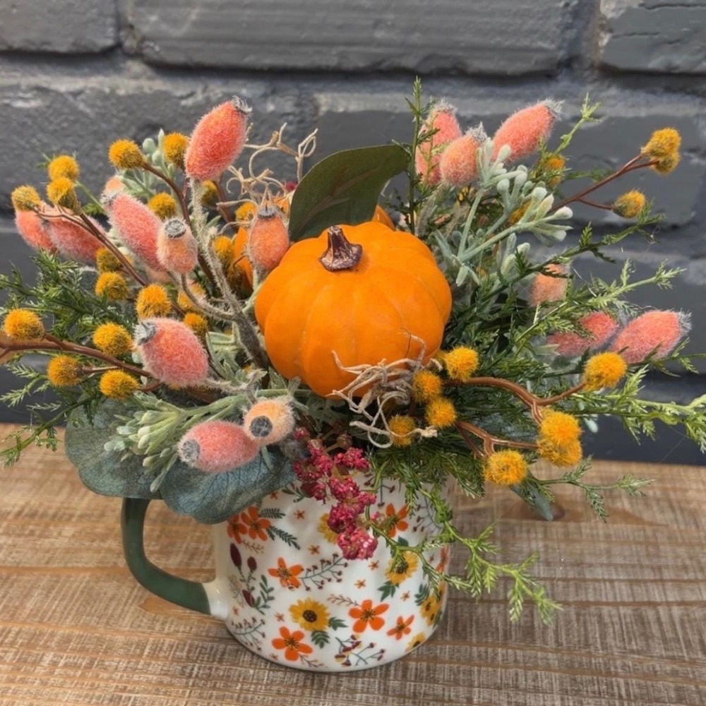 Handmade Fall Pumpkin Floral Arrangement in Sunflower Ceramic Mug Centerpiece